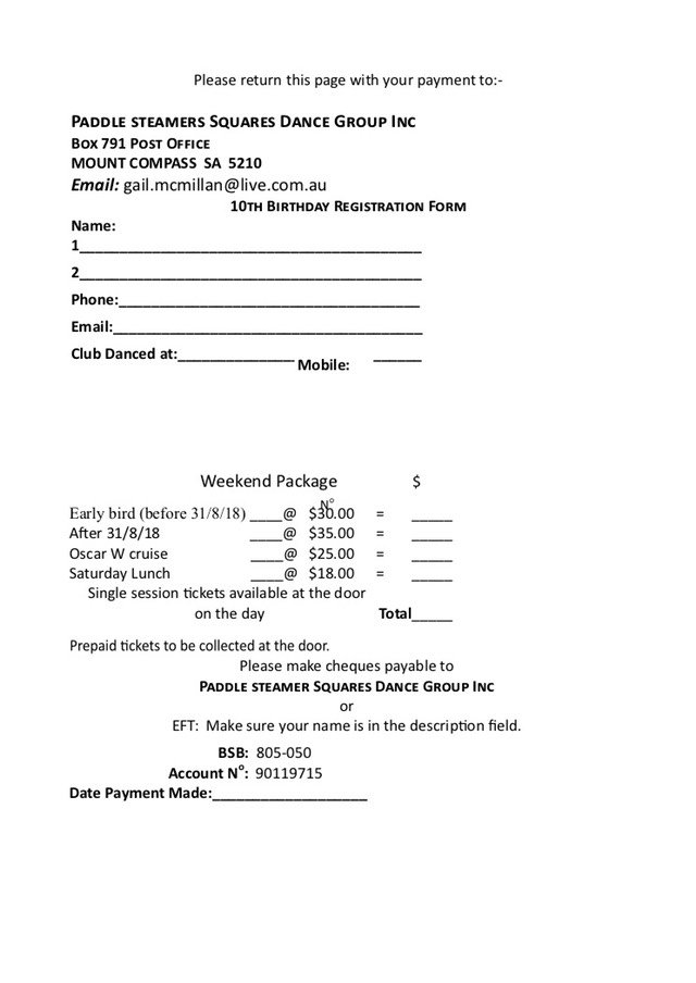 Paddle Steamers 10th Birthday Registration form